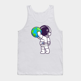 Cute Astronaut Holding Earth Globe Cartoon Tank Top